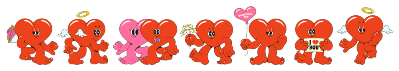 Retro heart character sticker. Groovy love angel icon for Valentine day. Playful trendy funny couple. Pop art clipart from 70s. Cute flat comic emoticon design with daisy flower and rose isolated.