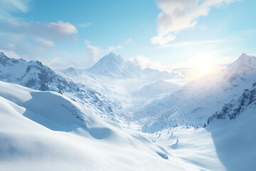 Fototapeta premium Majestic snow-covered mountains under a clear blue sky, with soft sunlight reflecting off the icy peaks. A serene and timeless winter wonderland