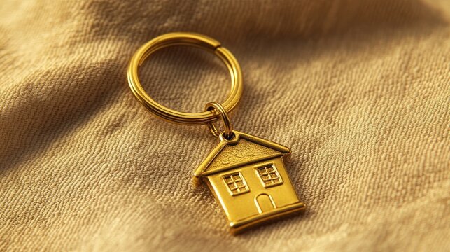 Golden house keychain featuring intricate details on a soft, textured beige background, emphasizing its elegant design and shine.