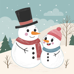A cute pair of snowmen in the New Year's forest. A Christmas card.; Vector illustration.