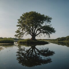 Obraz premium A tree standing on a small island in the middle of a calm pond.