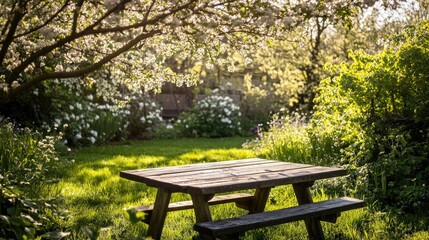 Naklejka premium Lush spring garden scene with vibrant greenery and blooming branches, featuring a vacant wooden table bathed in warm sunlight.