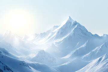 Obraz premium Majestic snow-covered mountains under a clear blue sky, with soft sunlight reflecting off the icy peaks. A serene and timeless winter wonderland