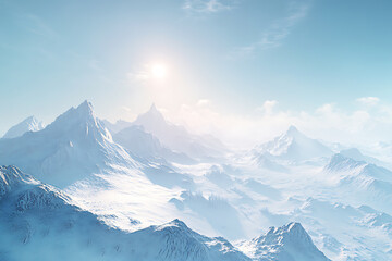 Majestic snow-covered mountains under a clear blue sky, with soft sunlight reflecting off the icy peaks. A serene and timeless winter wonderland