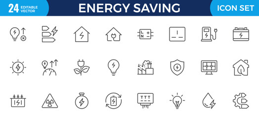 Energy Saving outline icon set with conservation, reduce waste, consumption, management, efficiency, gas emission and green house. Eco related icons Energy Costs, Power ConsumptionGreen House