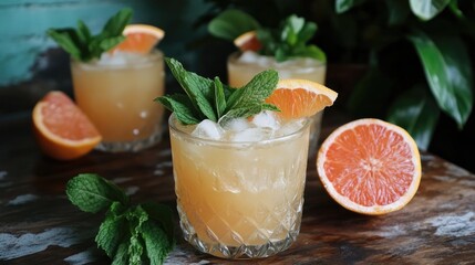 Refreshing summer cocktails in crystal glasses, garnished with mint leaves and citrus slices, perfect for outdoor gatherings and celebrations.