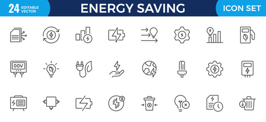 Energy Saving outline icon set with conservation, reduce waste, consumption, management, efficiency, gas emission and green house. Eco related icons Energy Costs, Power ConsumptionGreen House