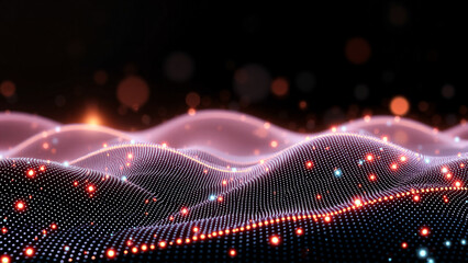 Digital wave pattern with binary code and glowing particles in a futuristic design