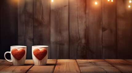 Two coffee mugs with beautifully crafted heart shaped foam art placed on a warm rustic wooden table creating a cozy and inviting atmosphere perfect for a relaxing morning or intimate moment