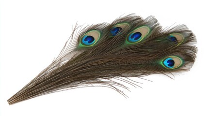 Obraz premium Isolated vibrant peacock feather plume with striking blue and green eye patterns arranged elegantly on a clean white background.