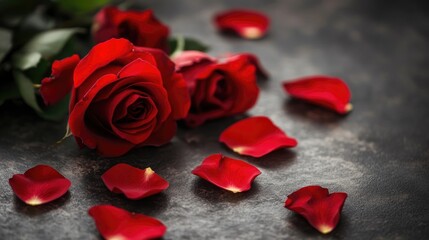 Vibrant red rose petals scattered on a dark surface, evoking themes of love and passion alongside lush red roses.