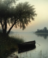 Serene Lakeside Morning: Misty Calmness
