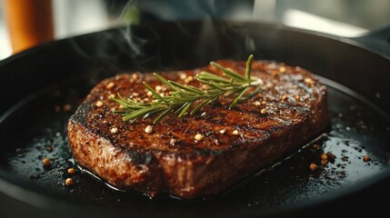 Fototapeta premium Succulent grilled steak garnished with fresh rosemary, highlighting nutritious low-carb options in a ketogenic diet for mindful eating.