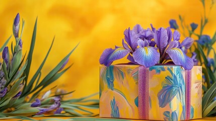 Iris flowers beautifully arranged atop a colorful gift box, set against a vibrant yellow backdrop, evoking a cheerful spring ambiance.