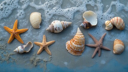 Seashells and starfish arranged on a sandy beach, captured from above with gentle ocean waves, evoking a serene summer vacation atmosphere.