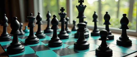 A black and blue chess board with a black king and white pawns. The board is set up for a game of chess