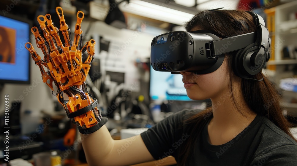 Poster in a tech workspace, an individual is using virtual reality gloves to interact with a digital enviro