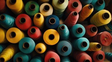 Fototapeta premium Colorful spools of sewing thread neatly arranged in a textile workshop, showcasing a vibrant variety of materials for garment production.