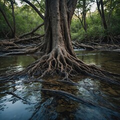 Fototapeta premium A tree with roots exposed in a shallow stream.