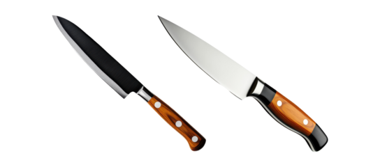  Professional chef knives with wooden handles isolated on transparent background 