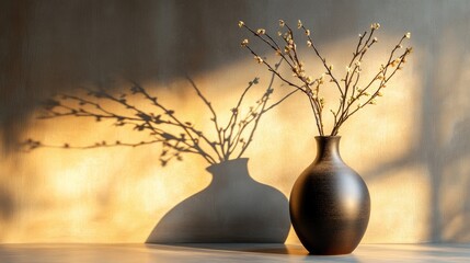 Elegant minimalist vase holding delicate branches, casting soft shadows in a warmly lit, decorative interior space.