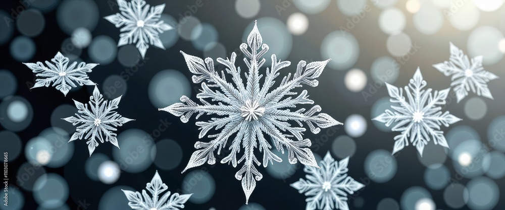 Poster a snowflake design with a blue background. the snowflakes are white and scattered throughout the ima