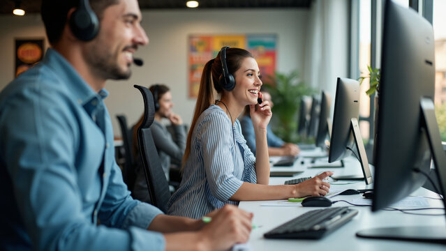 Cheerful Call Center Agent: Exemplary Customer Service in Modern Office Setting for Training and Marketing