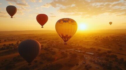 Obraz premium Colorful hot air balloons grace the sky during a tranquil festival at sunset, showcasing spectacular colors against the vast landscape. Participants enjoy a breathtaking view while floating high