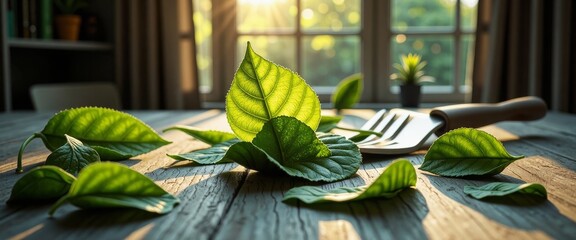 Obraz premium A white coffee cup with a leaf on top of it. The cup is on a wooden table with leaves scattered around it. Concept of relaxation and tranquility, as the cup of coffee is a symbol of comfort and warmth