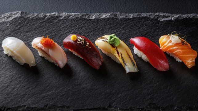 Assorted sushi pieces artfully displayed on a dark slate platter, featuring colorful toppings and a variety of fish, highlighting culinary craftsmanship.