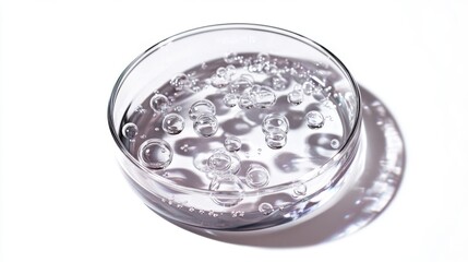 A clear glass petri dish filled with water and floating bubbles. The light reflects beautifully on the surface. Perfect for scientific and artistic projects. Generative AI