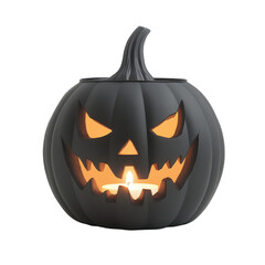 Fototapeta premium A black pumpkin with a scary face and a lit candle inside Transparent Background