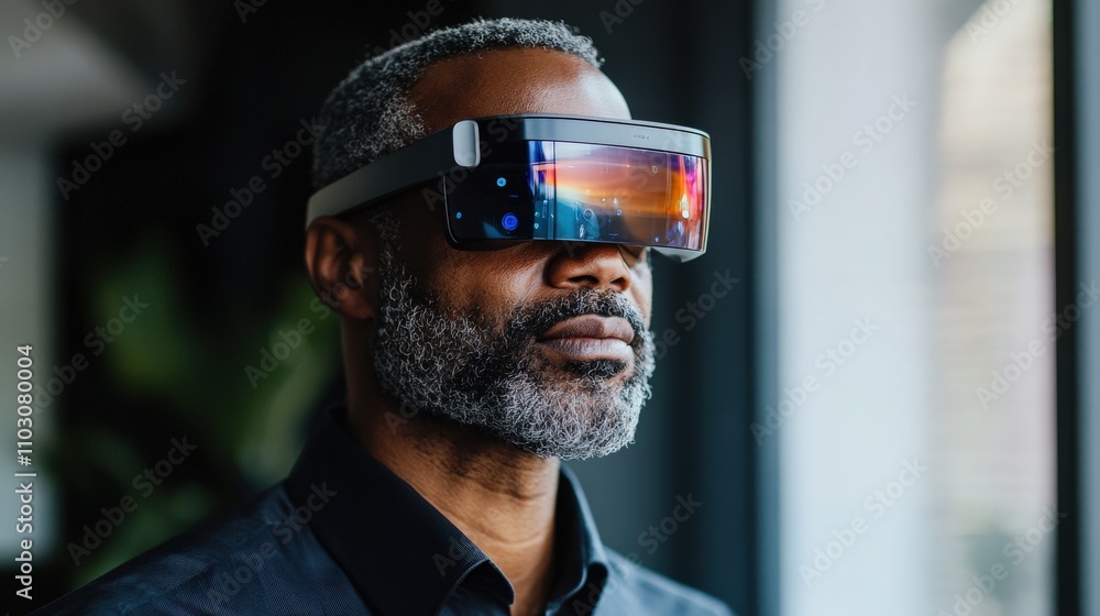 Poster a focused tech professional wears an augmented reality headset while working in a modern office spac