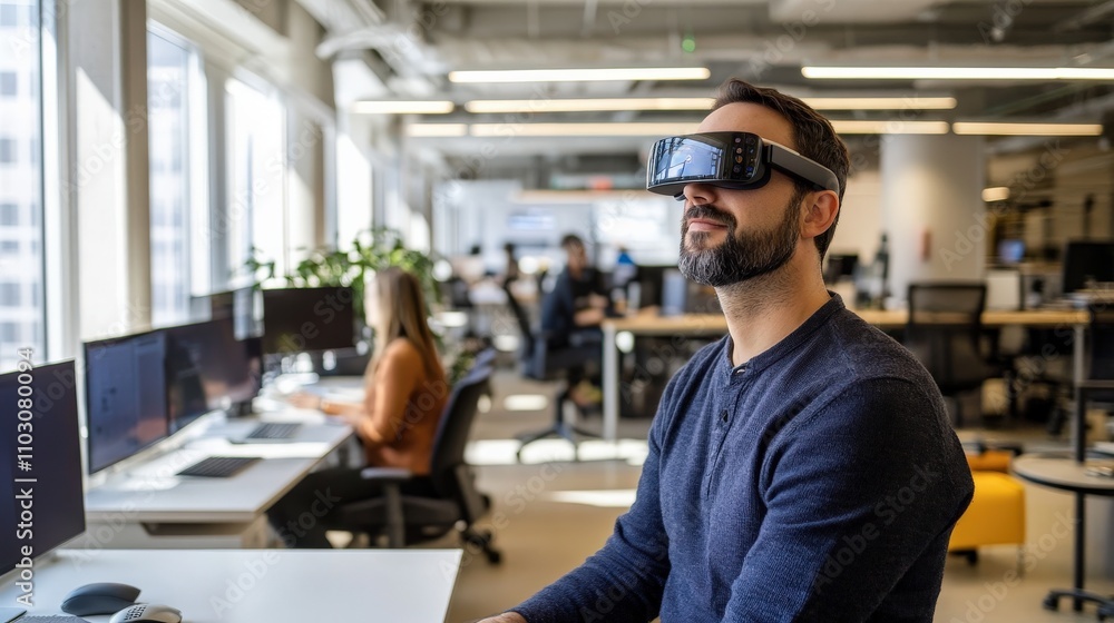 Poster a tech professional is immersed in augmented reality while seated in a contemporary office environme