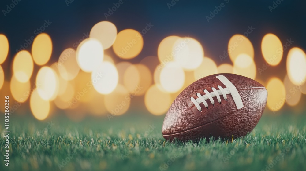 Poster a focused shot of a football resting on grass, illuminated by soft bokeh lights, creating a vibrant 