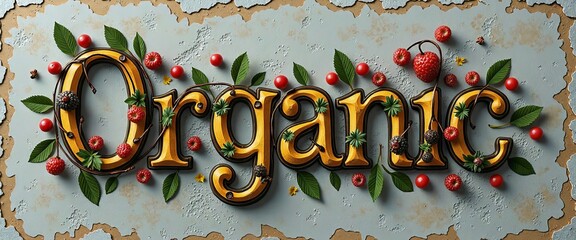 A green leafy background with a large, ornate lettering that reads "Organic." The lettering is surrounded by various green and brown objects, such as leaves, berries, and nuts