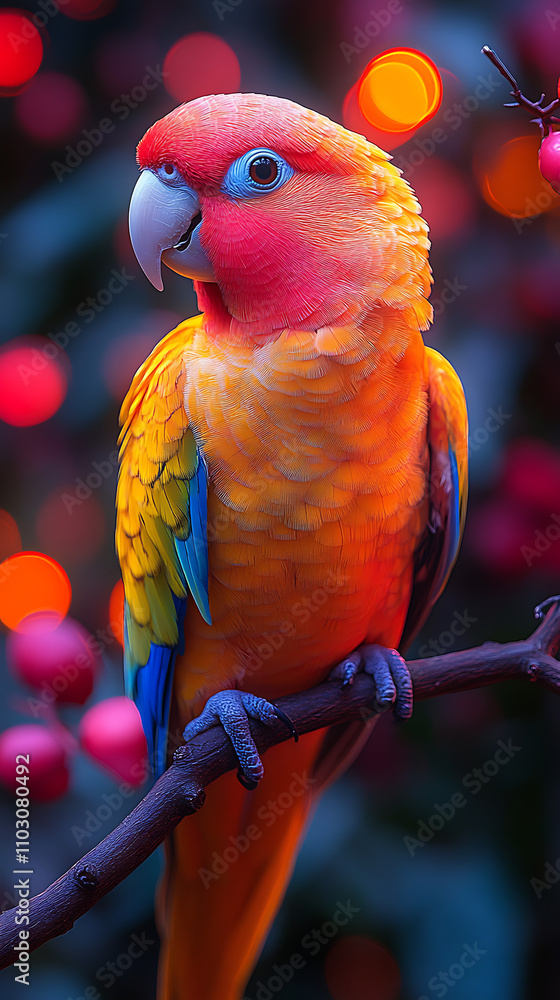 Poster a colorful parrot perched on a tree branch with colorful bokeh lights in the background.