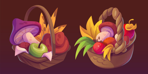 Autumn mushroom basket for Thanksgiving vector. Collect apple harvest for fall composition gift. Yellow and green leaves garden asset for game in village. Holiday organic agriculture and ingredient