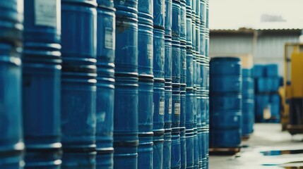 Stacks of blue industrial storage drums arranged neatly in a warehouse aisle, showcasing efficient logistics and large-scale inventory management.