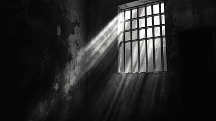 Interior of a dim prison cell with light beams filtering through a barred window, casting shadows on the weathered walls.