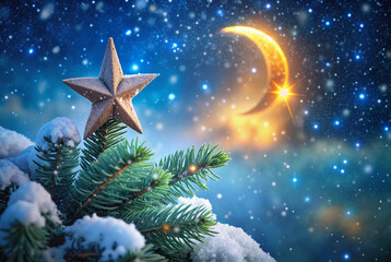 Christmas star and moon in snowy winter night sky