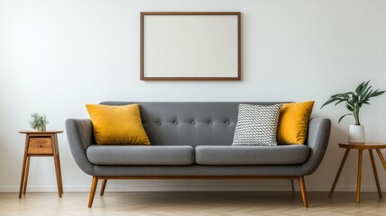 Modern living room with a grey mid-century sofa, vibrant yellow cushions, wooden side tables, and a blank poster frame against a white wall.