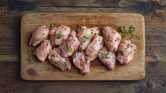 Marinated chicken wings arranged on a wooden cutting board, garnished with herbs and spices, showcasing a rustic culinary presentation.