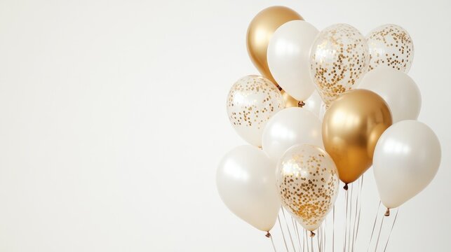 Elegant arrangement of white and gold balloons featuring confetti designs against a minimalistic white background, creating a festive atmosphere.