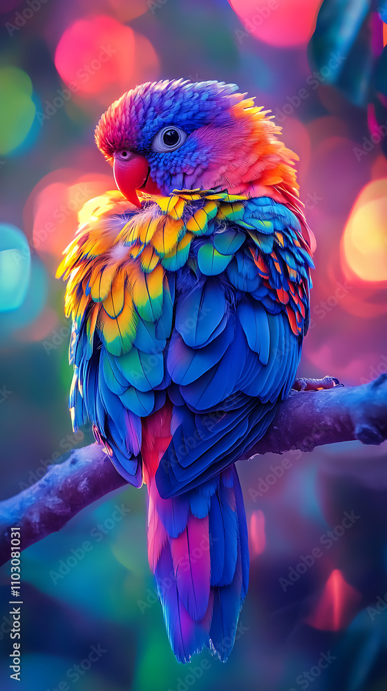 Poster a colorful parrot perched on a tree branch with colorful bokeh lights in the background.