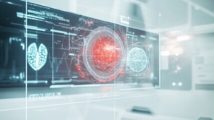 medical device in action, with a glowing interface projecting medical imaging results