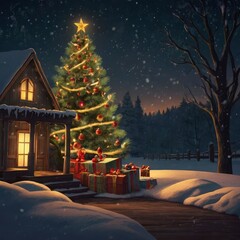 Christmas tree with gifts and snow