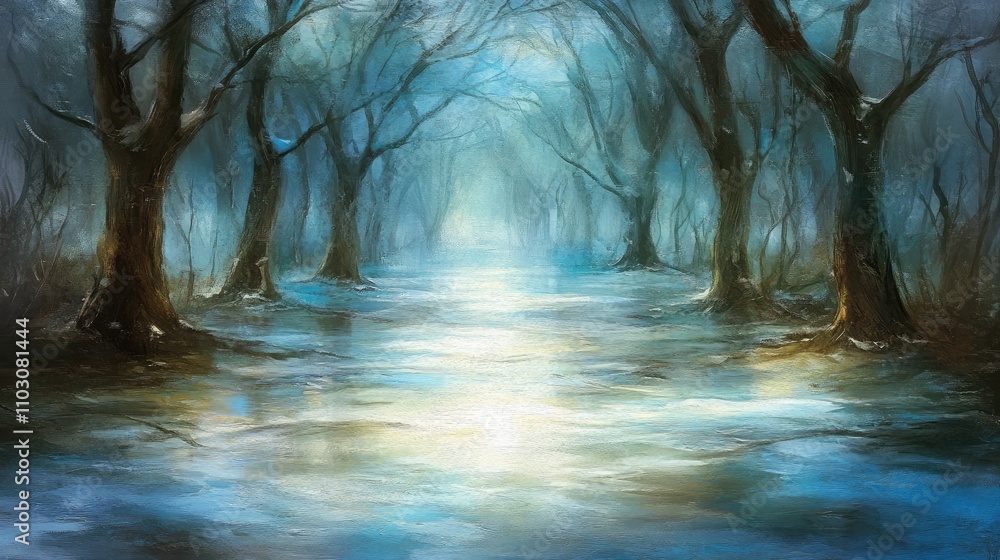 Poster moonlight softly illuminates a tranquil pathway surrounded by misty trees, creating an enchanting at