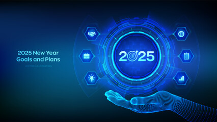 2025 New year Goals and plans icon in wireframe hand. Business plan and strategies. Goal acheiveement and success in 2025. Resolutions, plan, action, checklist concept. Vector illustration.