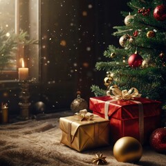 Christmas tree with gifts and snow